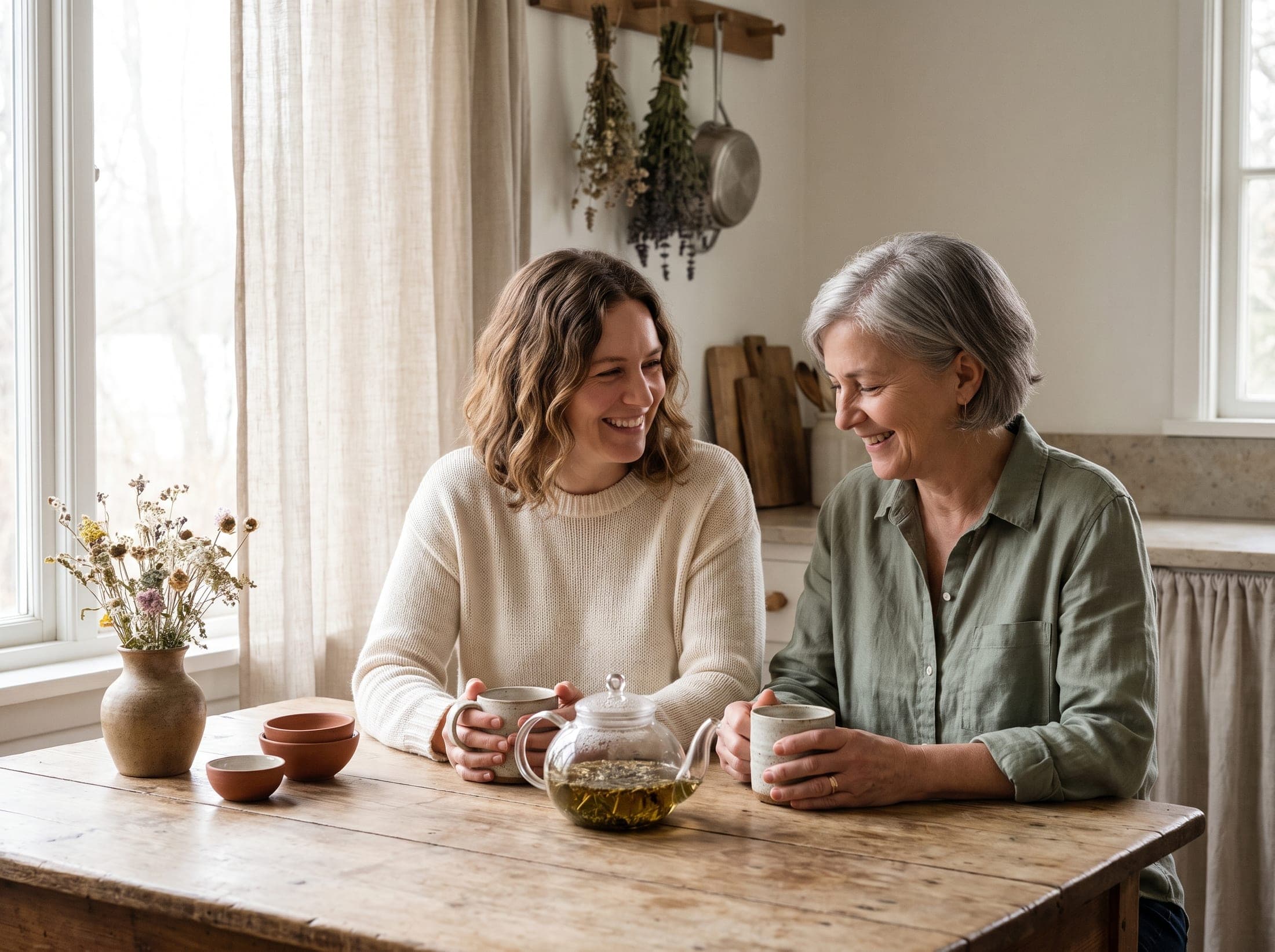 Duas mulheres de gerações diferentes compartilhando um bule de chá em uma cozinha acolhedora