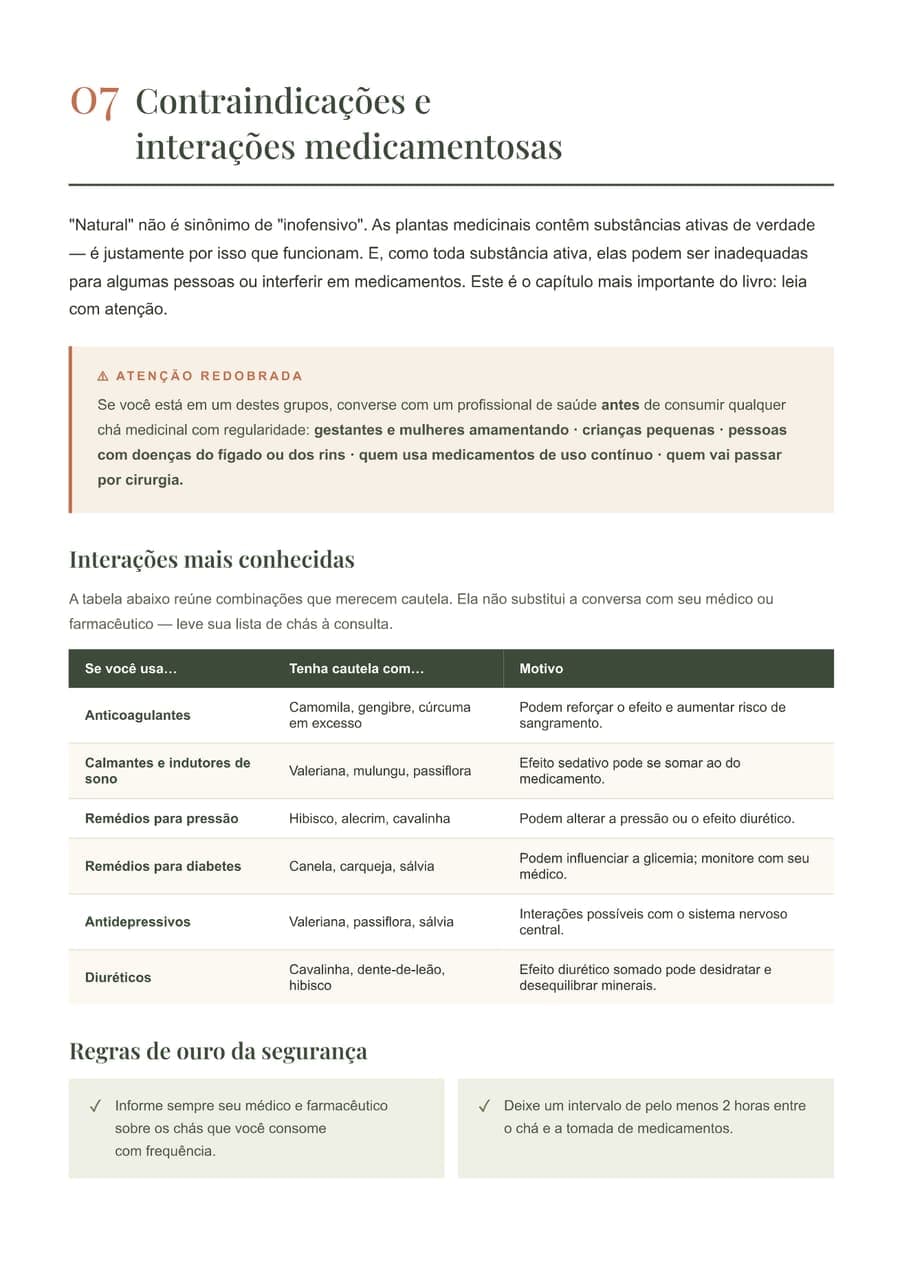 Capítulo 7 com a tabela de interações entre ervas e medicamentos, e as regras de segurança